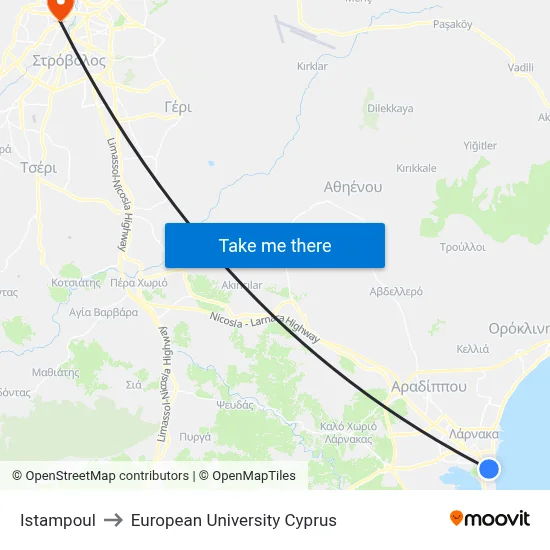 Istambul to European University Cyprus map