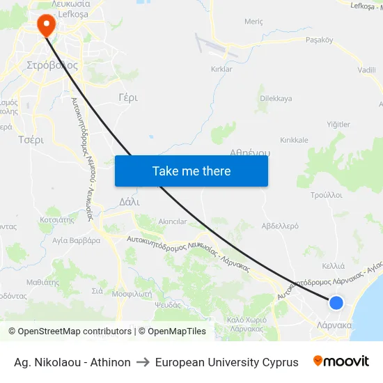 Ag. Nikolaou - Athinon to European University Cyprus map