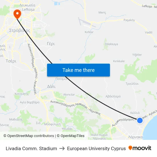Livadia Comm. Stadium to European University Cyprus map