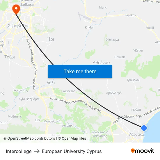 Intercollege to European University Cyprus map