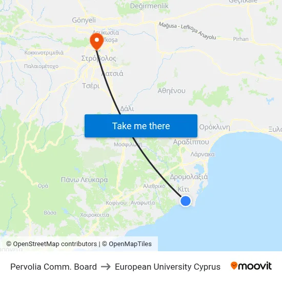 Pervolia Comm. Board to European University Cyprus map