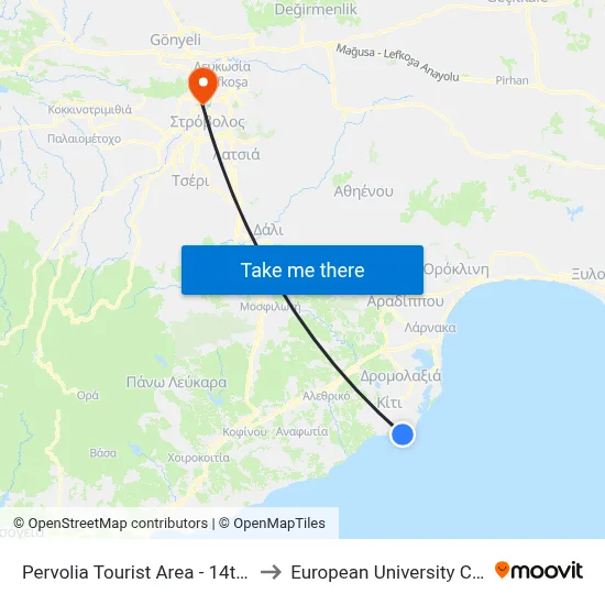 Pervolia Tourist Area - 14th Stop to European University Cyprus map