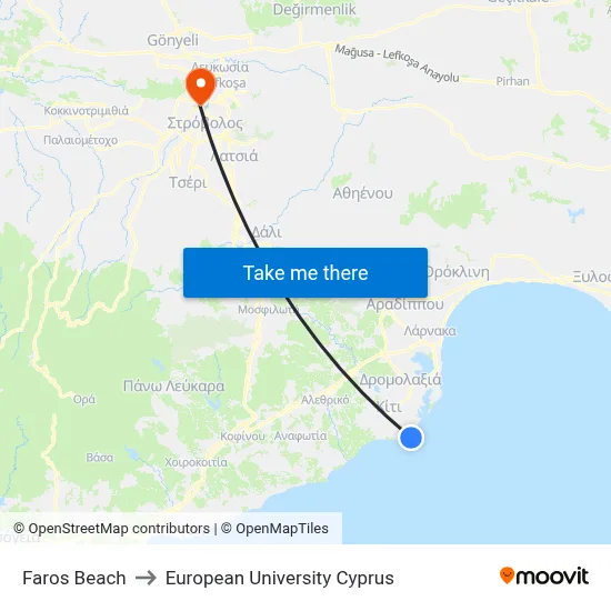 Faros Beach to European University Cyprus map