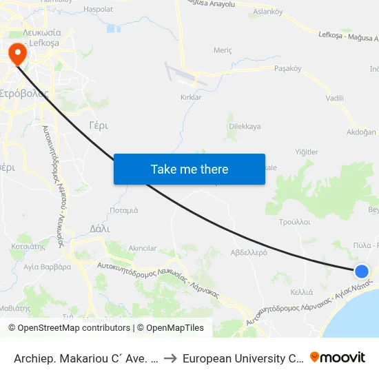 Archiep. Makariou C´ Ave. - Tilou to European University Cyprus map