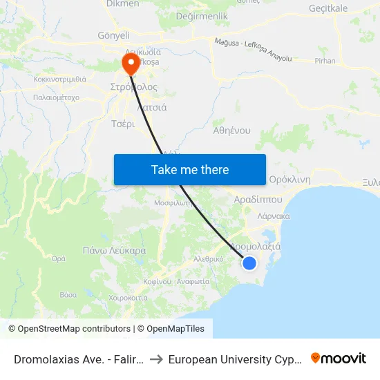 Dromolaxia Avenue - Falirou to European University Cyprus map