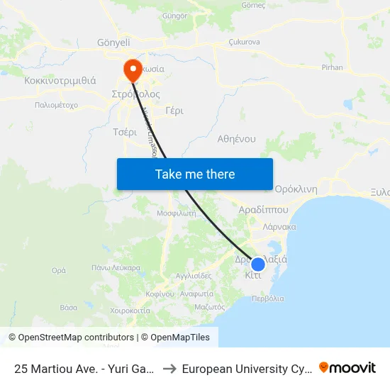 25 Martiou Ave. - Yuri Gagarin to European University Cyprus map