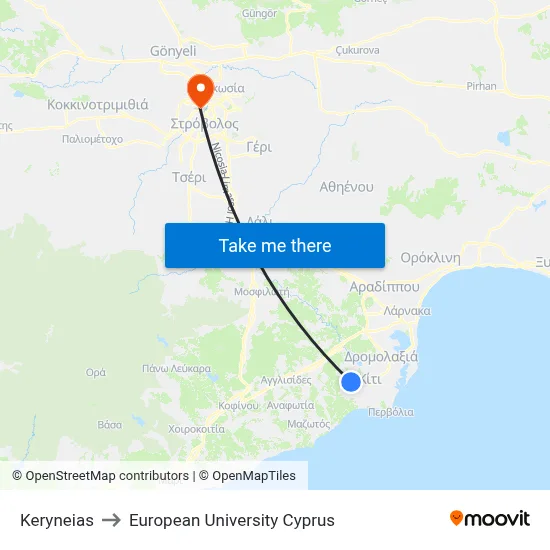 Keryneias to European University Cyprus map