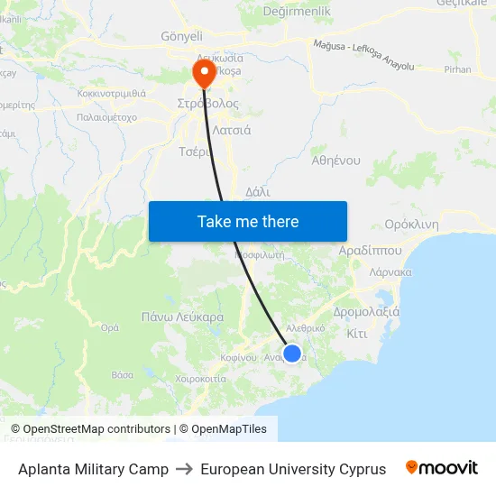 Aplanta Military Camp to European University Cyprus map