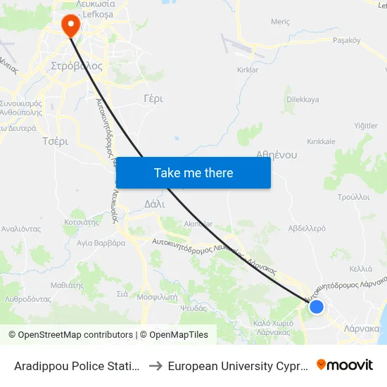 Aradippou Police Station to European University Cyprus map