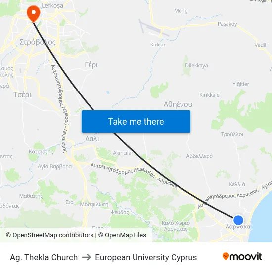 Ag. Thekla Church to European University Cyprus map