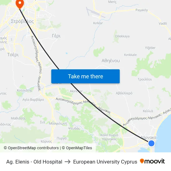 Ag. Elenis - Old Hospital to European University Cyprus map