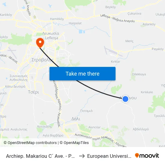 Archbishop Makarios III Ave. - Pan. Matsouka to European University Cyprus map
