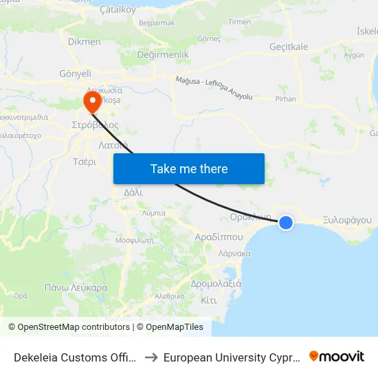 Dekeleia Customs Office to European University Cyprus map