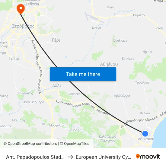 Ant. Papadopoulos Stadium to European University Cyprus map
