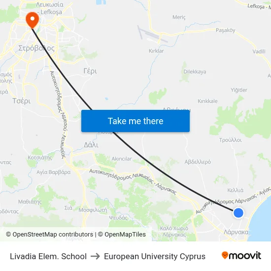 Livadia Elem. School to European University Cyprus map