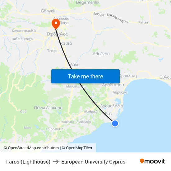 Lighthouse to European University Cyprus map
