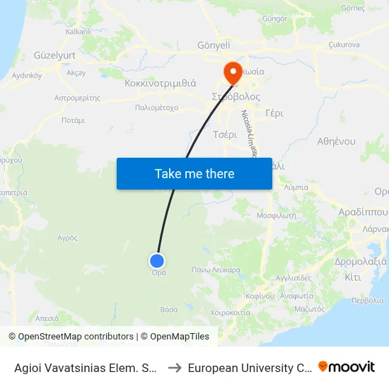 Agioi Vavatsinias Elementary School 2 to European University Cyprus map