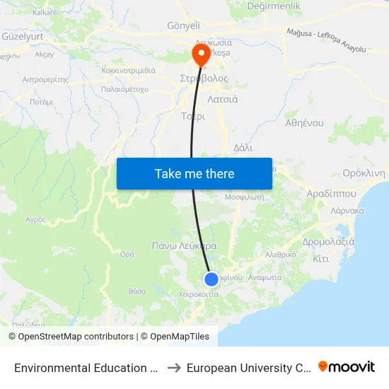 Environmental Education Centre to European University Cyprus map