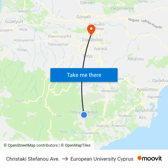 Christaki Stefanou Ave. to European University Cyprus map
