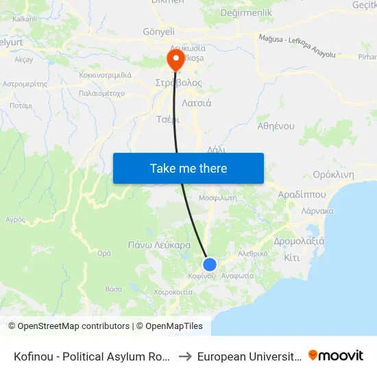 Kofinou - Political Asylum Road - 1st Stop to European University Cyprus map
