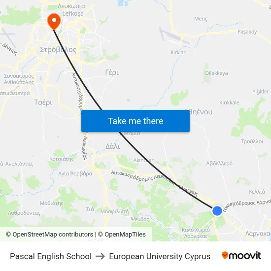 Pascal English School to European University Cyprus map