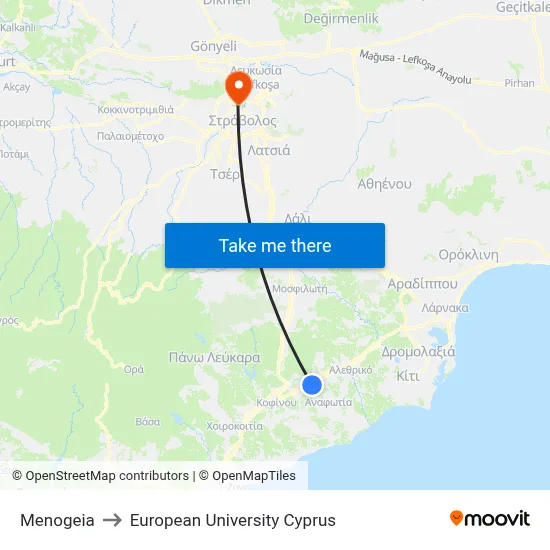 Menogeia to European University Cyprus map