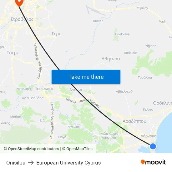 Onisilou to European University Cyprus map