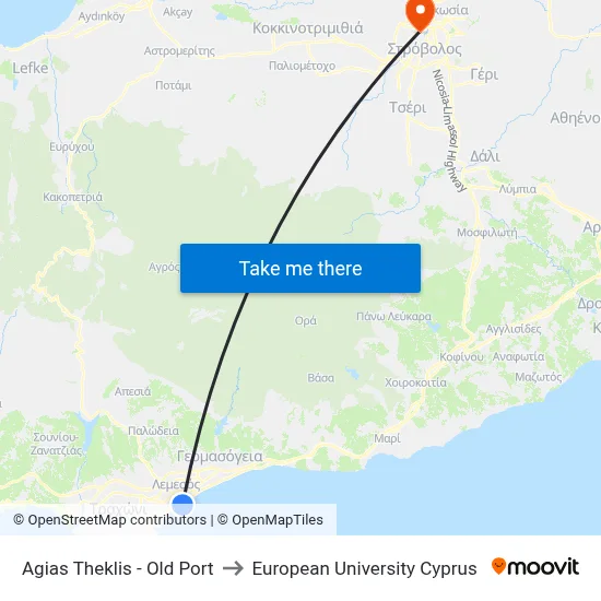 Agias Theklis - Old Port to European University Cyprus map