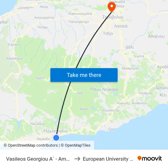 Vasileos Georgiou A - Ampelakion to European University Cyprus map