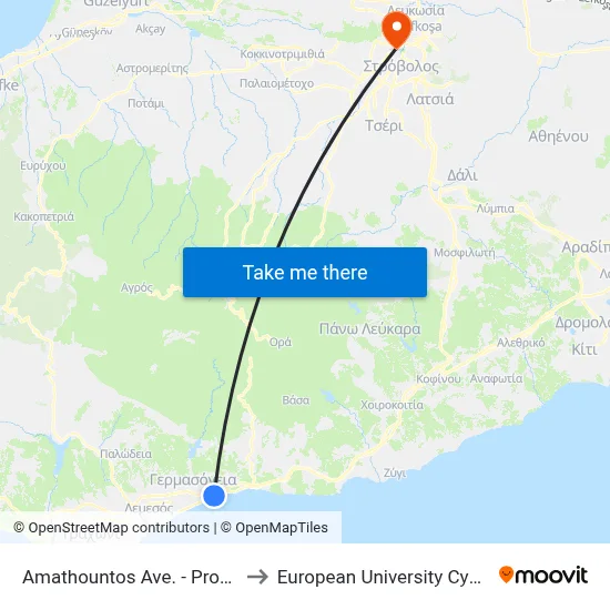 Amathountos Avenue - Prousis to European University Cyprus map