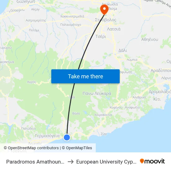 Paradromos Amathountos to European University Cyprus map