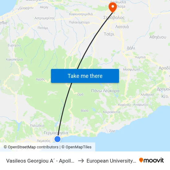 Vasileos Georgiou A´ - Apollonia Hotel to European University Cyprus map