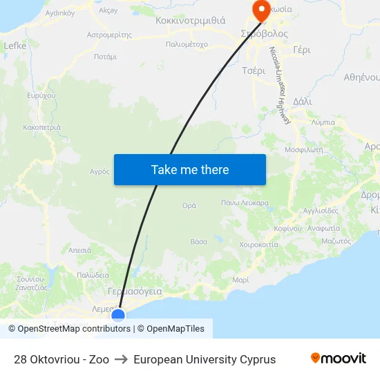 28 Oktovriou - Zoo to European University Cyprus map