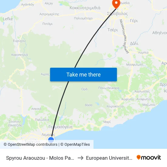 Spyros Araouzou - Molos Parking Place to European University Cyprus map