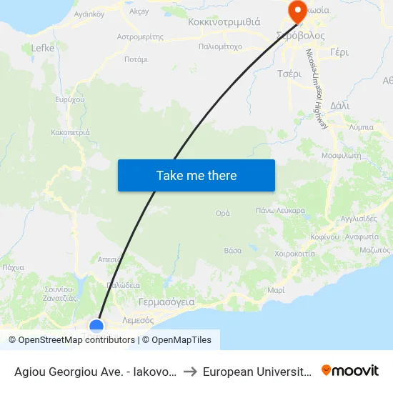Agiou Georgiou Ave. - Iakovou Patatsou to European University Cyprus map