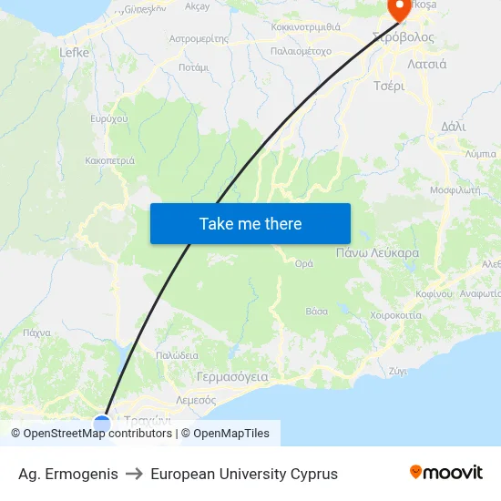 Ag. Ermogenis to European University Cyprus map
