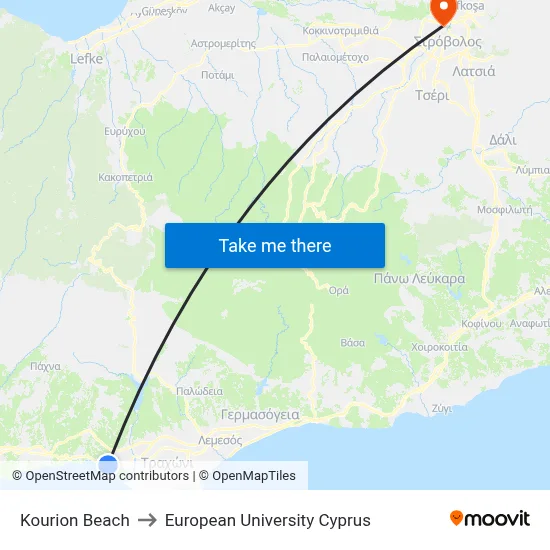 Kourion Beach to European University Cyprus map