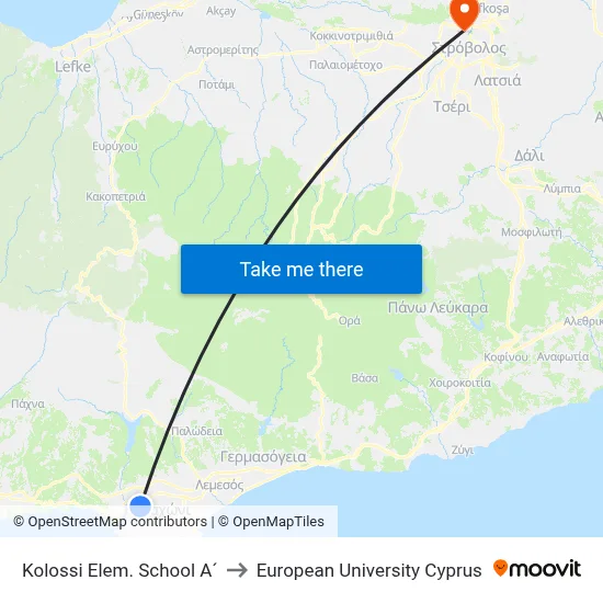 Kolossi Elem. School A´ to European University Cyprus map