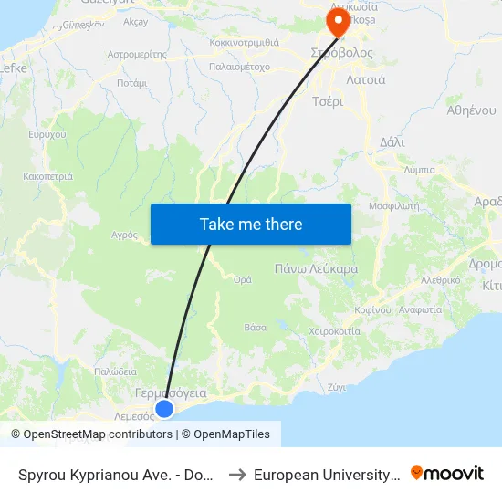 Spyrou Kyprianou Ave - Dodekanison to European University Cyprus map
