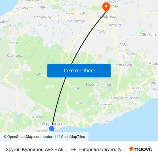 Spyrou Kyprianou Ave - Akarnanias to European University Cyprus map