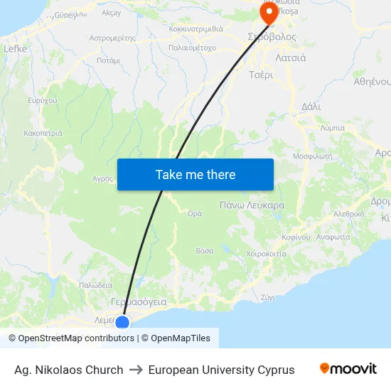 Ag. Nikolaos Church to European University Cyprus map