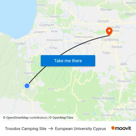 Troodos Camping Site to European University Cyprus map