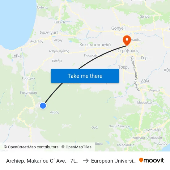 Archbishop Makarios III Ave - 7th Kyperounta 1 to European University Cyprus map