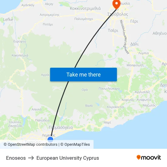 Enoseos to European University Cyprus map