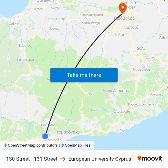 130 Street - 131 Street to European University Cyprus map