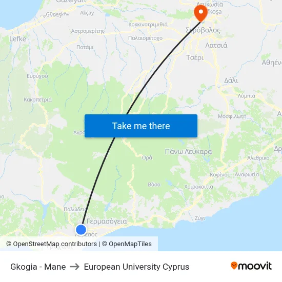 Gkogia - Mane to European University Cyprus map