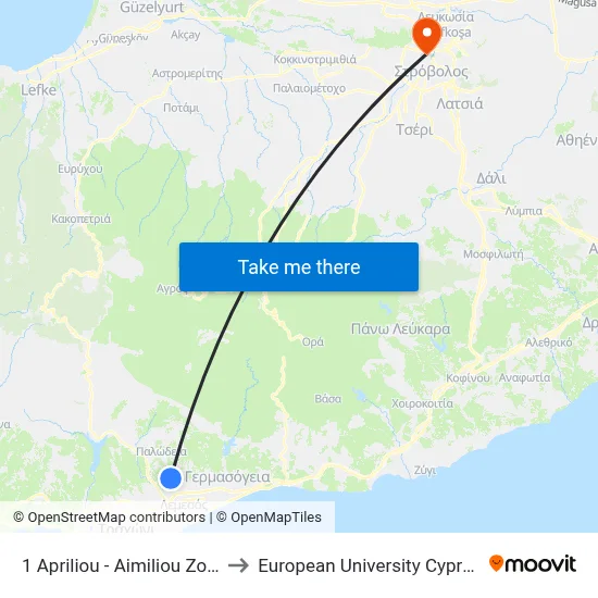 1 Apriliou - Aimiliou Zola to European University Cyprus map