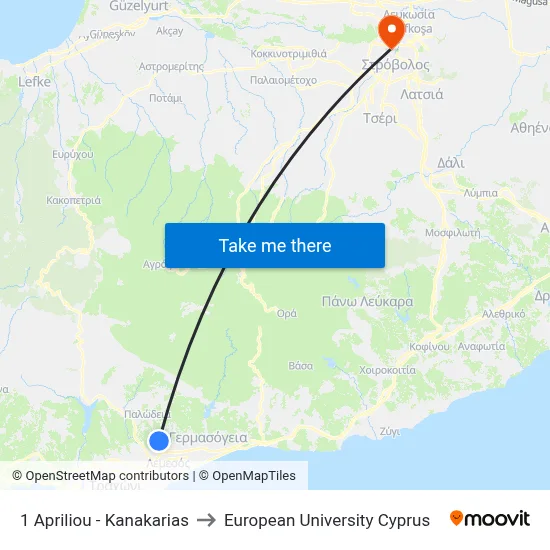 1 Apriliou - Kanakarias to European University Cyprus map