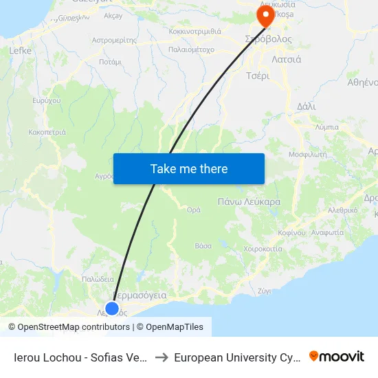 Ierou Lochou - Sofias Vempo to European University Cyprus map
