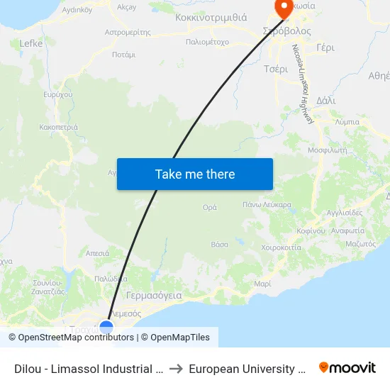 Dilou - Limassol Industrial Area 2 to European University Cyprus map